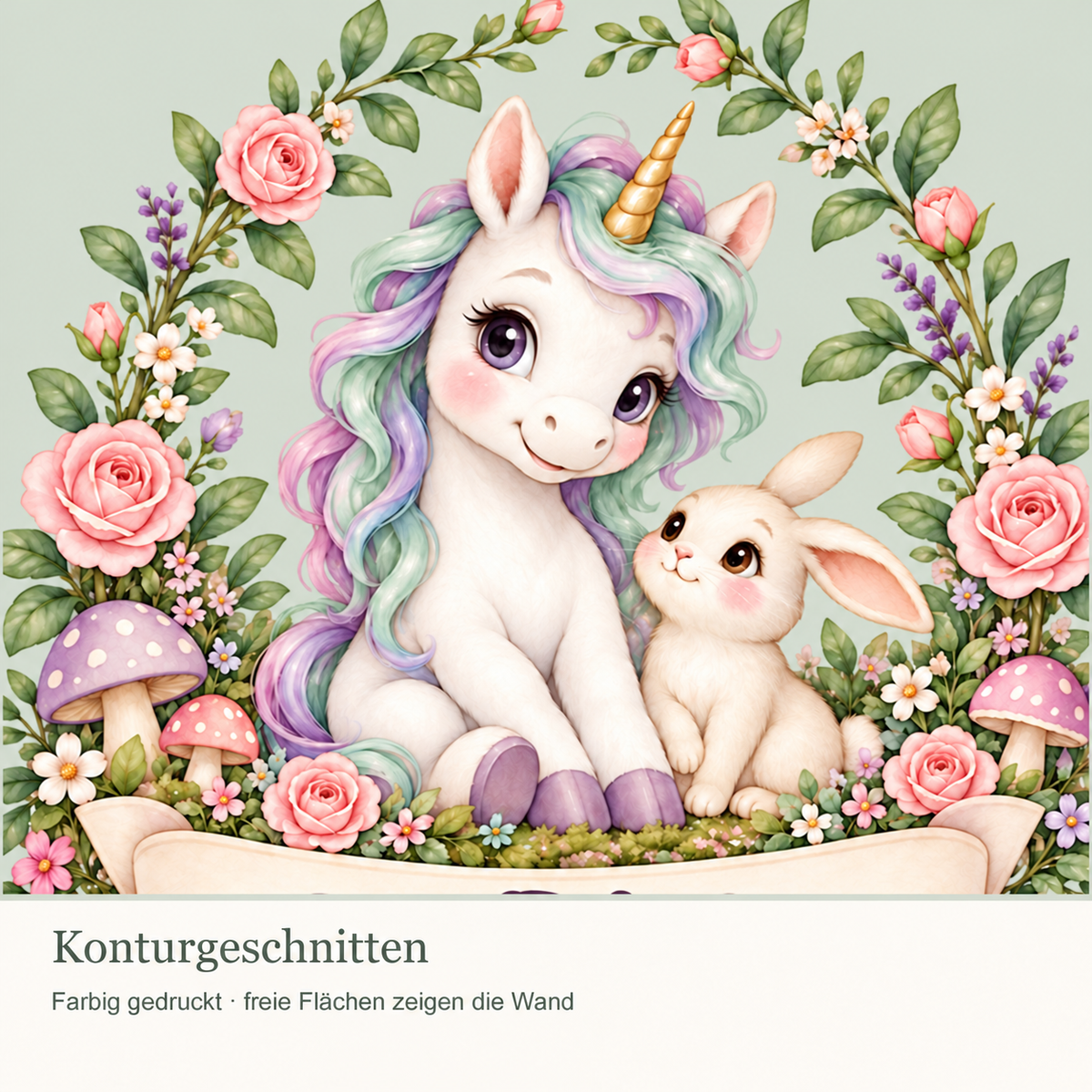 Personalisiertes Einhorn-Wandtattoo Zaubergarten mit Beispielname Sophie: Konturdetails mit ausgeschnittenen Freiflächen.