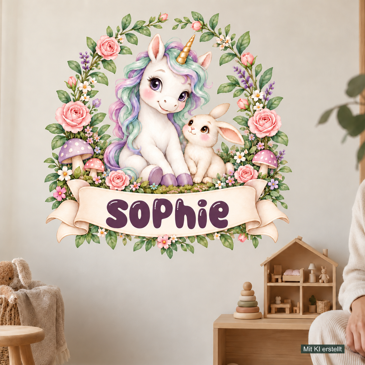 Personalisiertes Einhorn-Wandtattoo Zaubergarten mit Beispielname Sophie: Wohnszene mit Person, mit KI erstellt.