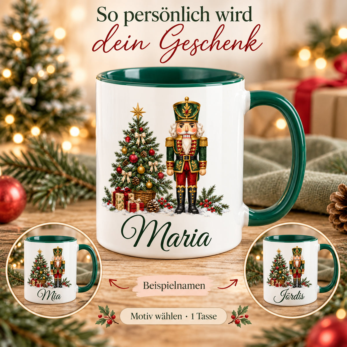 Weiße Keramiktasse mit grünem Henkel und grüner Innenseite, Motiv Tannenbaumwächter und Wunschname mit zwei zusätzlichen Detailansichten als Namensbeispiele; Motiv wählen, geliefert wird eine Tasse.