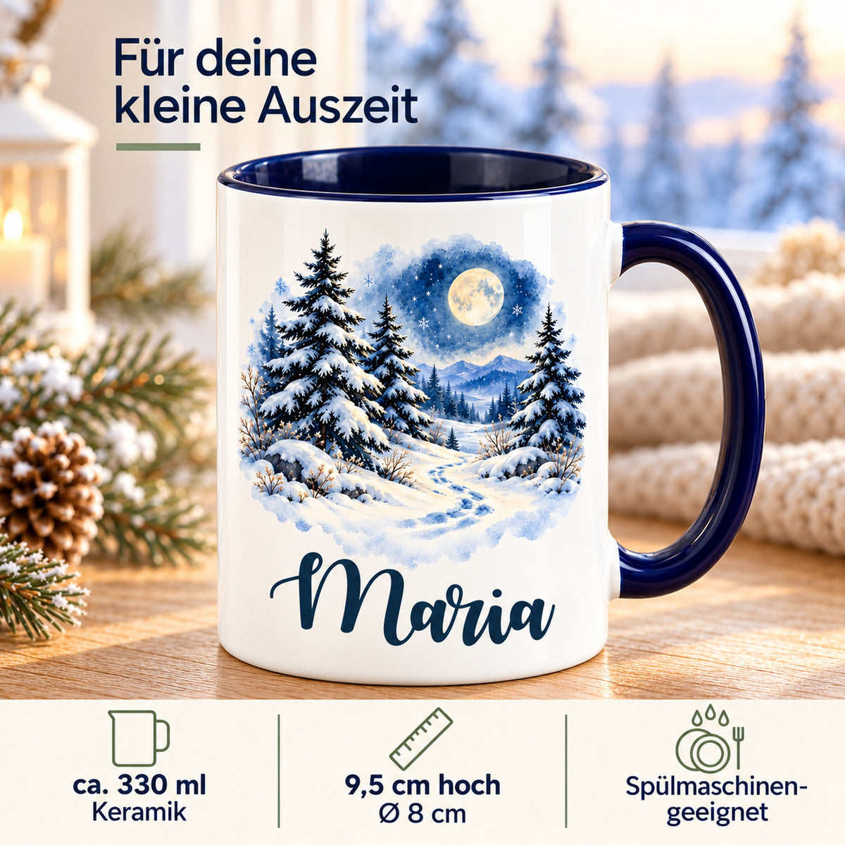 Weiße Keramiktasse mit dunkelblauem Henkel, Mondscheinwald und Wunschname mit Angaben zu Volumen, Größe und Pflege