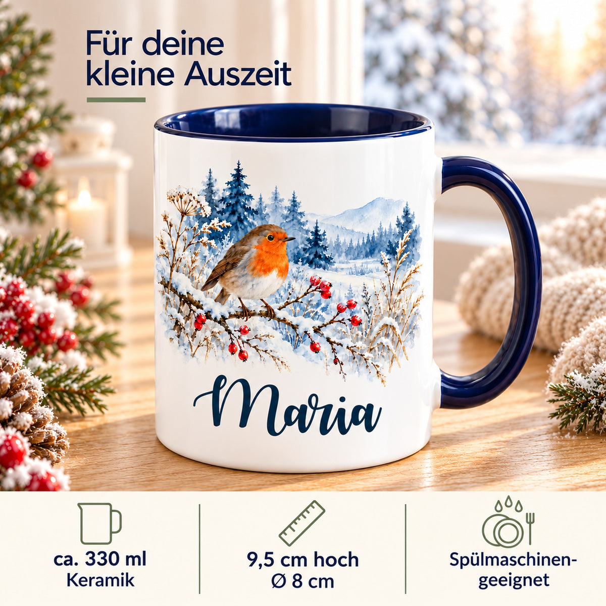 Weiße Keramiktasse mit dunkelblauem Henkel, Rotkehlchen im Schnee und Wunschname mit Angaben zu Volumen, Größe und Pflege