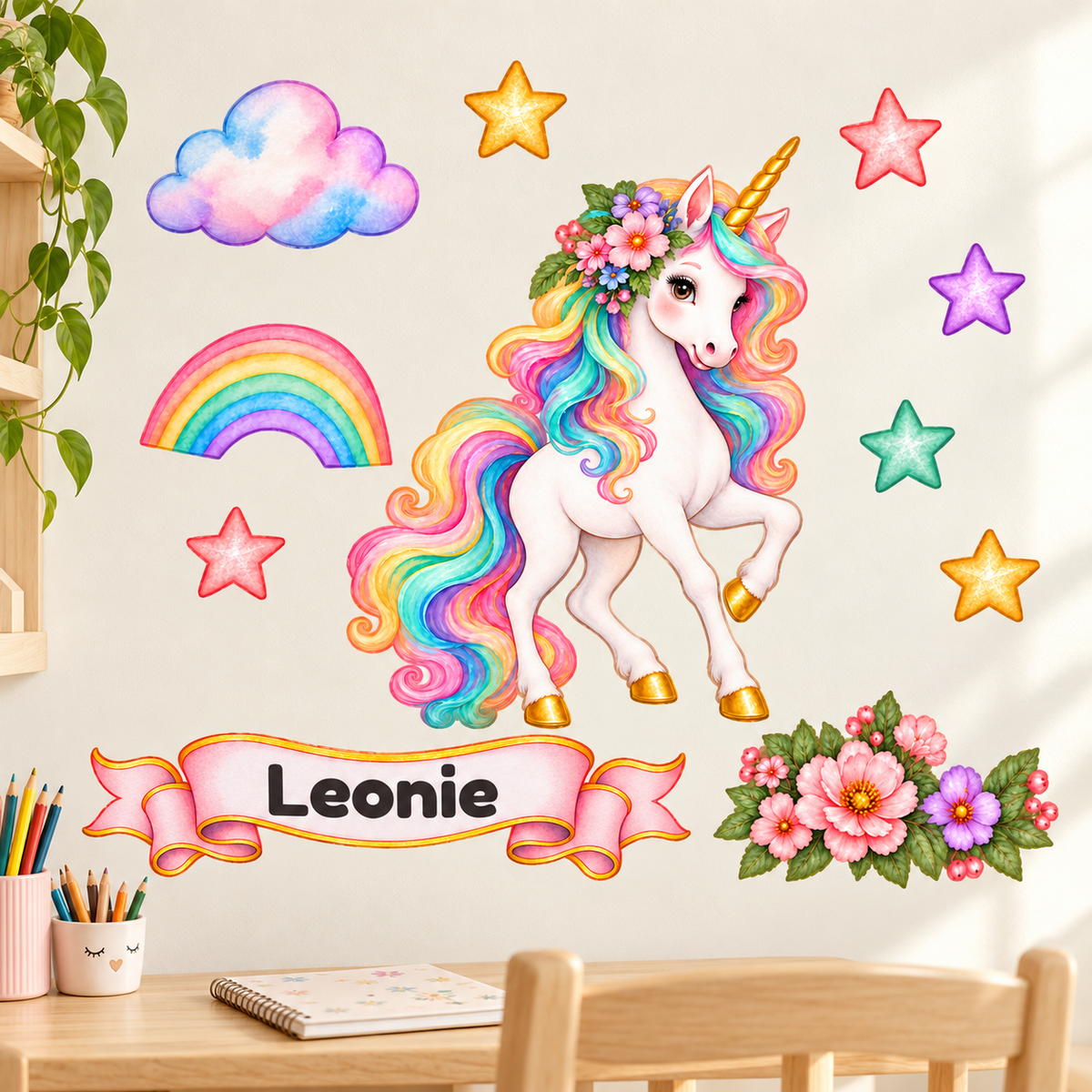 Aquarell-Einhorn und zehn ergänzende Wandtattoos mit Wunschname über einem hellen Kindertisch mit Malutensilien.