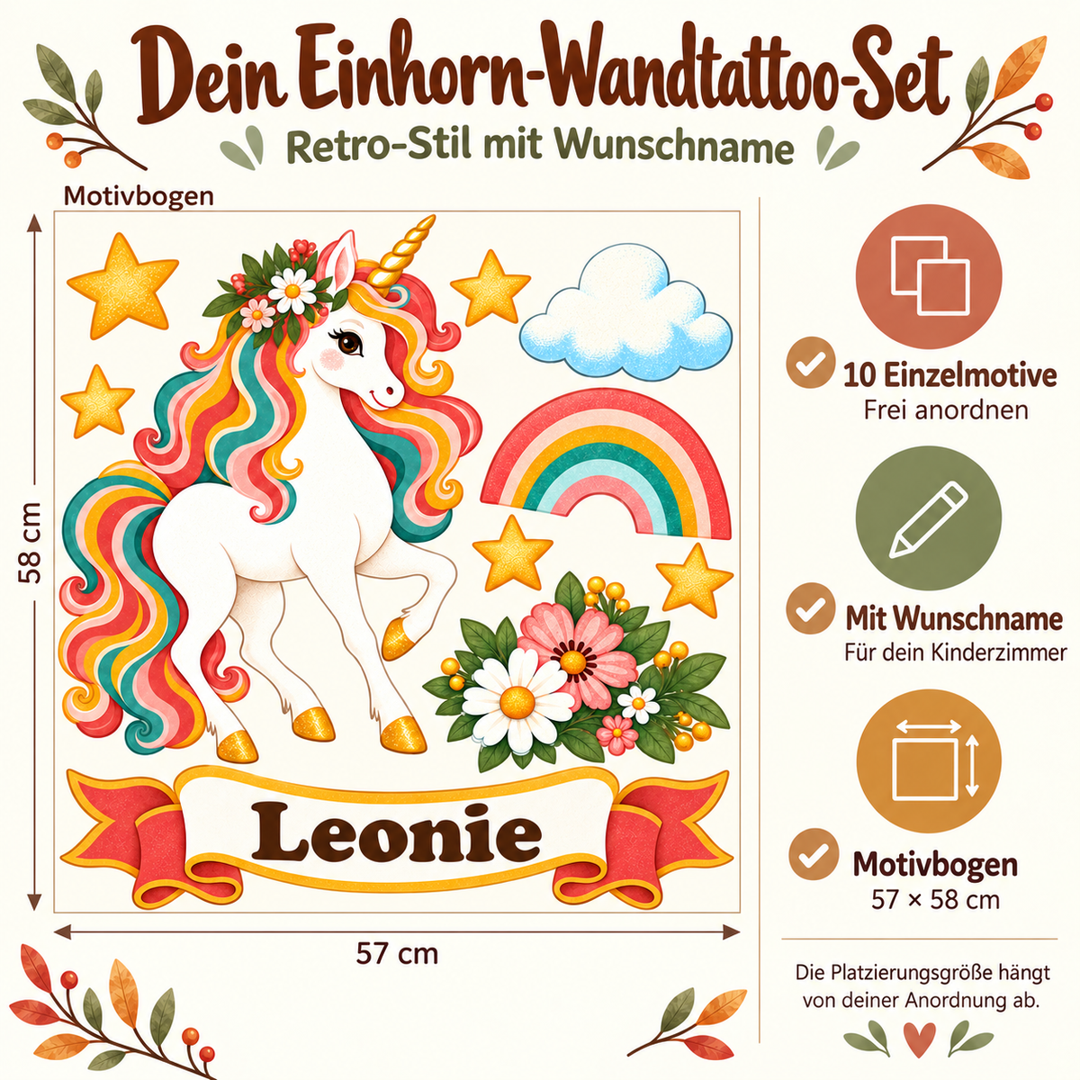 Eigenschaften des Retro-Einhorn-Wandtattoo-Sets: zehn frei anordenbare Motive mit Wunschname, Motivbogen 57 × 58 cm.