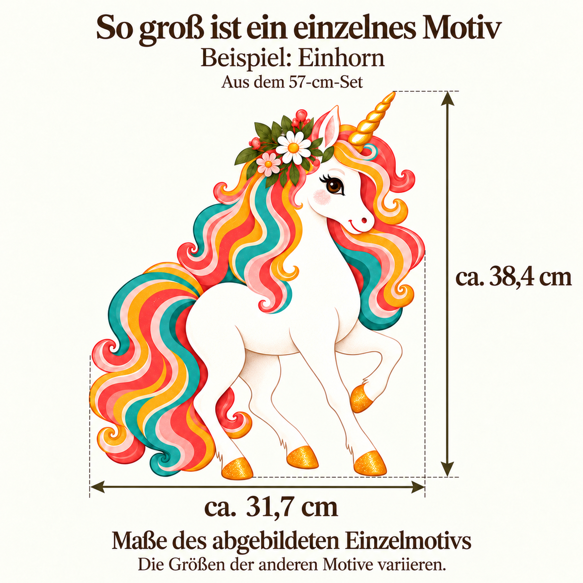 Retro-Einhorn als Einzelmotiv mit Maßpfeilen: ca. 31,7 cm breit und 38,4 cm hoch, gezeigt für das 57-cm-Set.