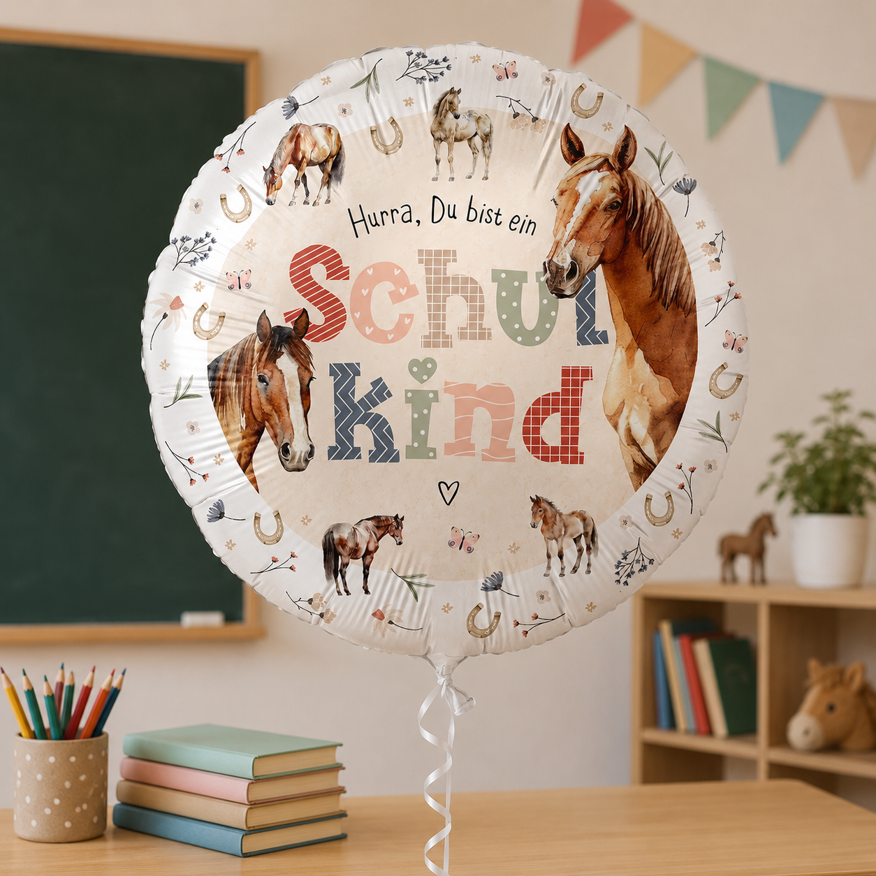 Folienballon Einschulung Pferde „Hurra, Du bist ein Schulkind“