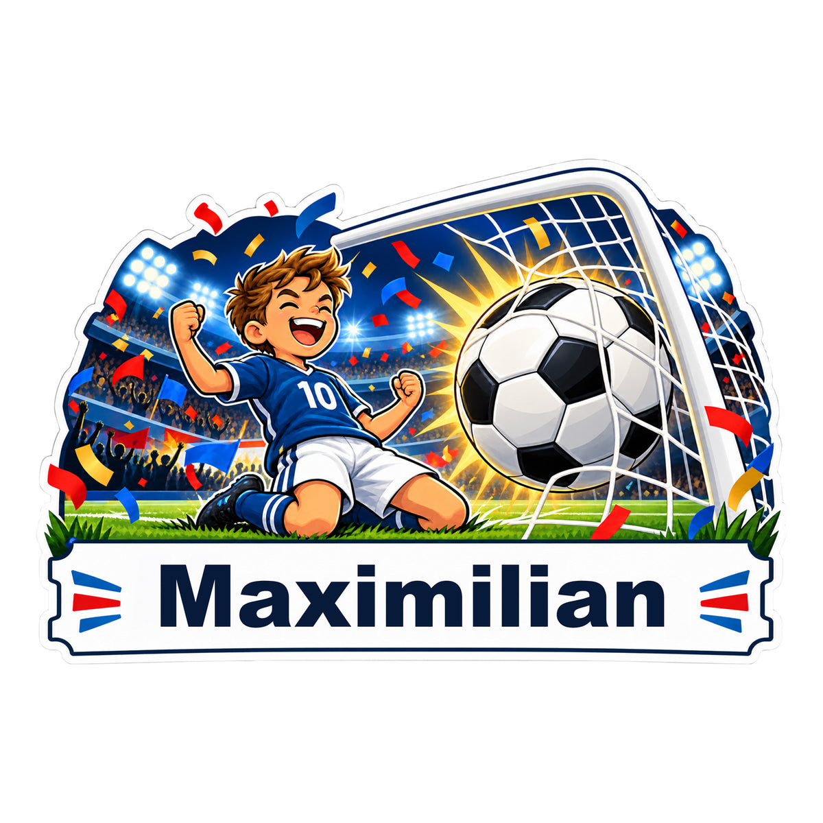 Fußball-Sticker Torjubel: Gesamtes Motiv mit Beispielname Maximilian auf weißem Banner