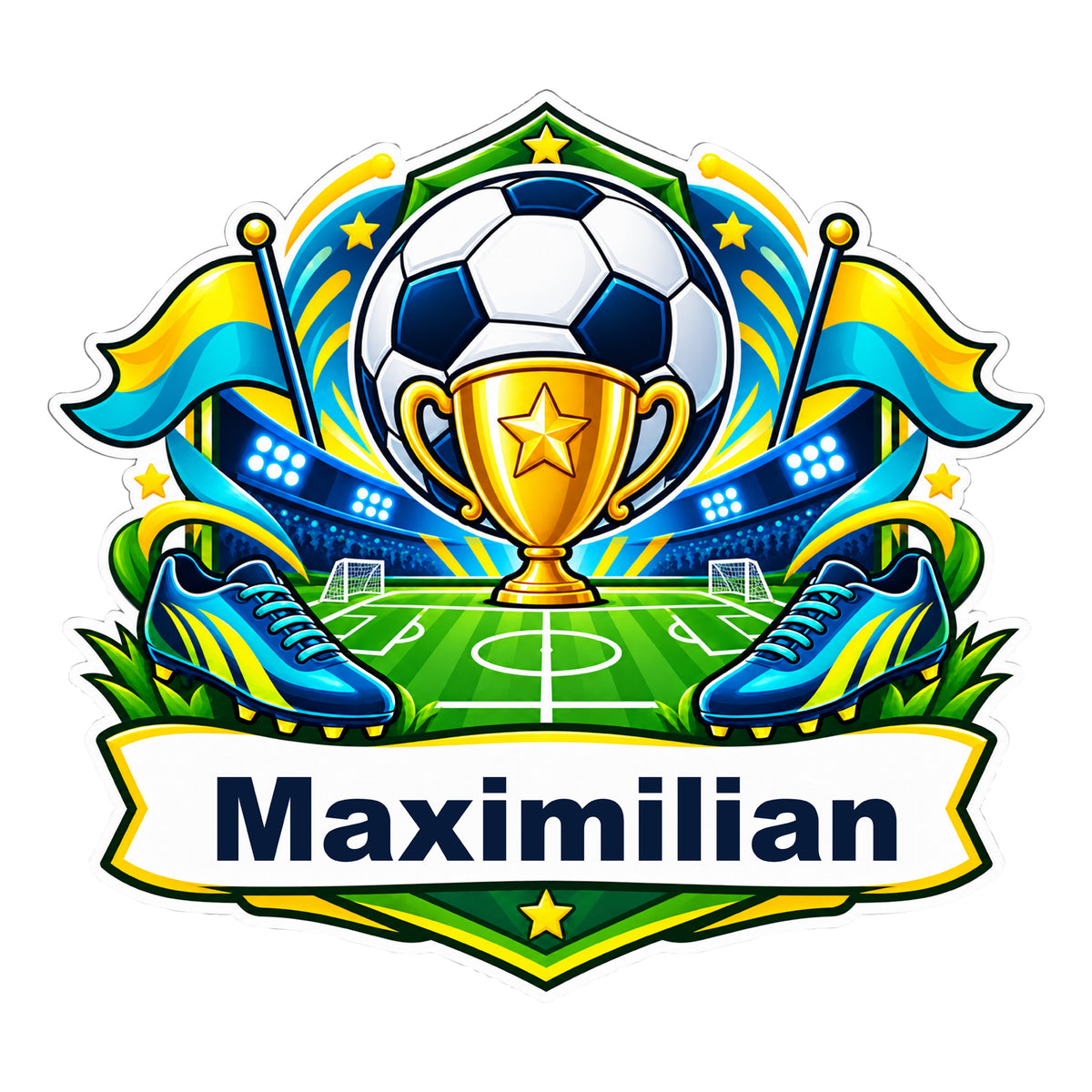 Fußball-Sticker Spielfeldheld: Gesamtes Motiv mit Beispielname Maximilian auf weißem Banner