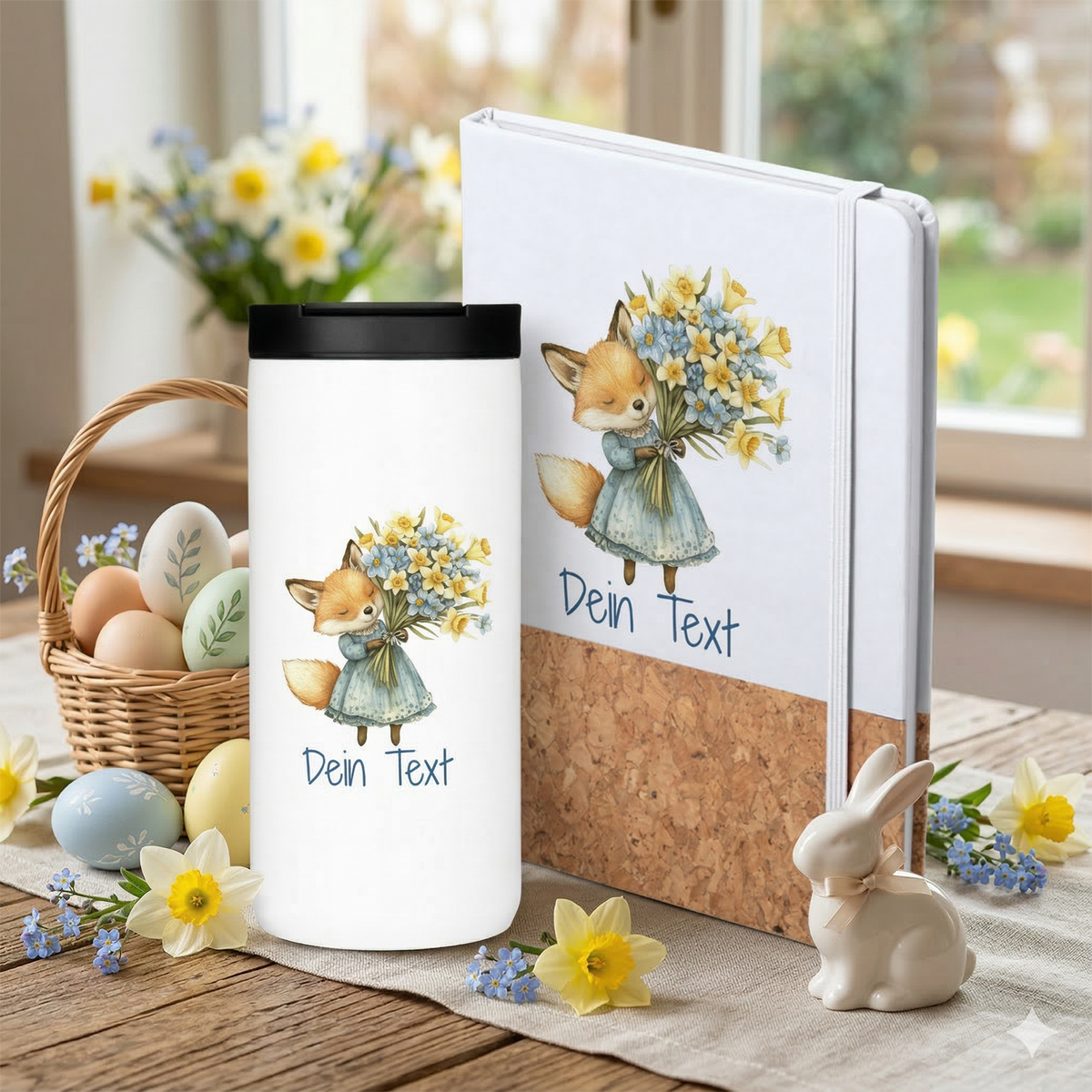 Kaffeebecher mit Notizbuch mit Fuchs Kreativität erleben