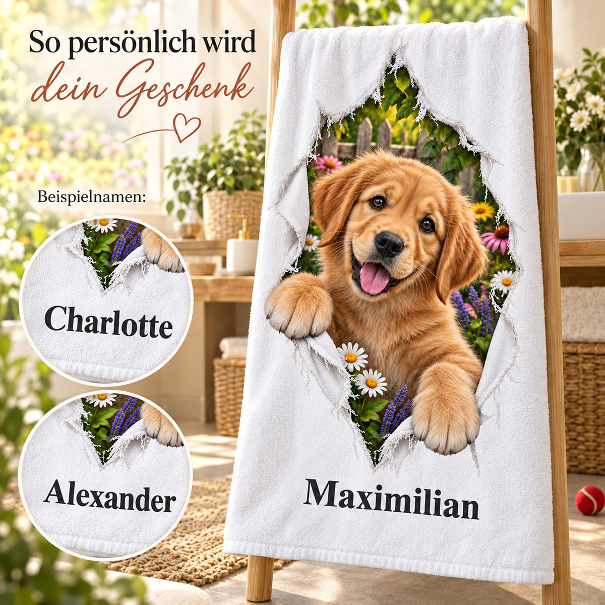 Handtuch mit Golden-Retriever-Welpen und Wunschname, mit Details der Namenspersonalisierung