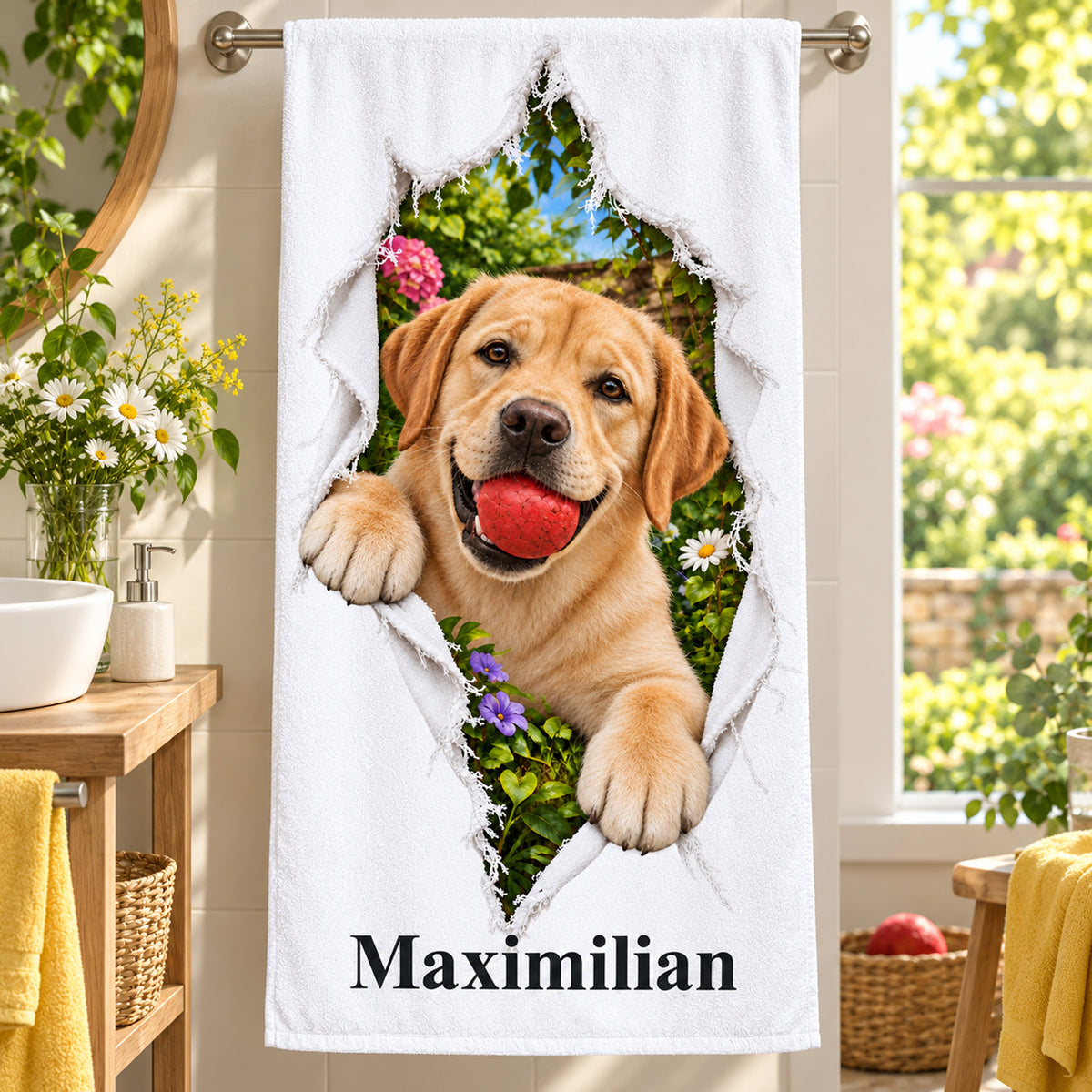 Handtuch mit Labrador und Wunschname, im Badezimmer