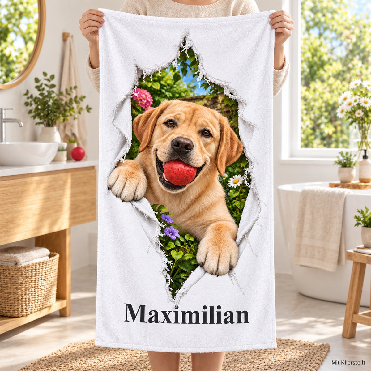 Handtuch mit Labrador und Wunschname, von Händen gehalten