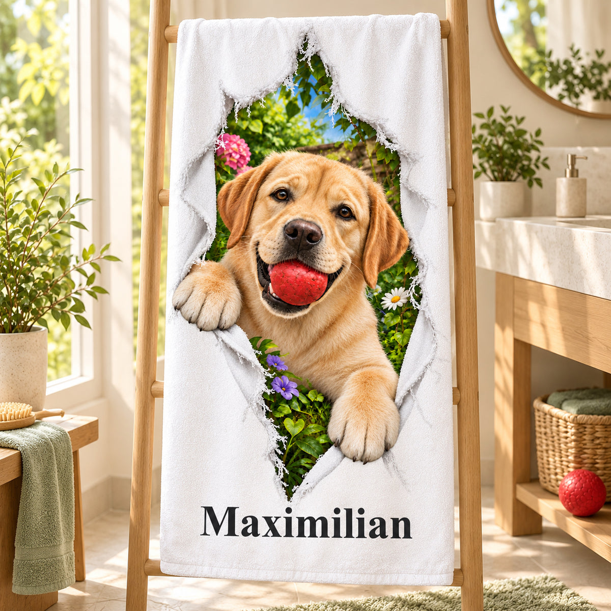 Handtuch mit Labrador und Wunschname, auf einer Handtuchleiter im Bad