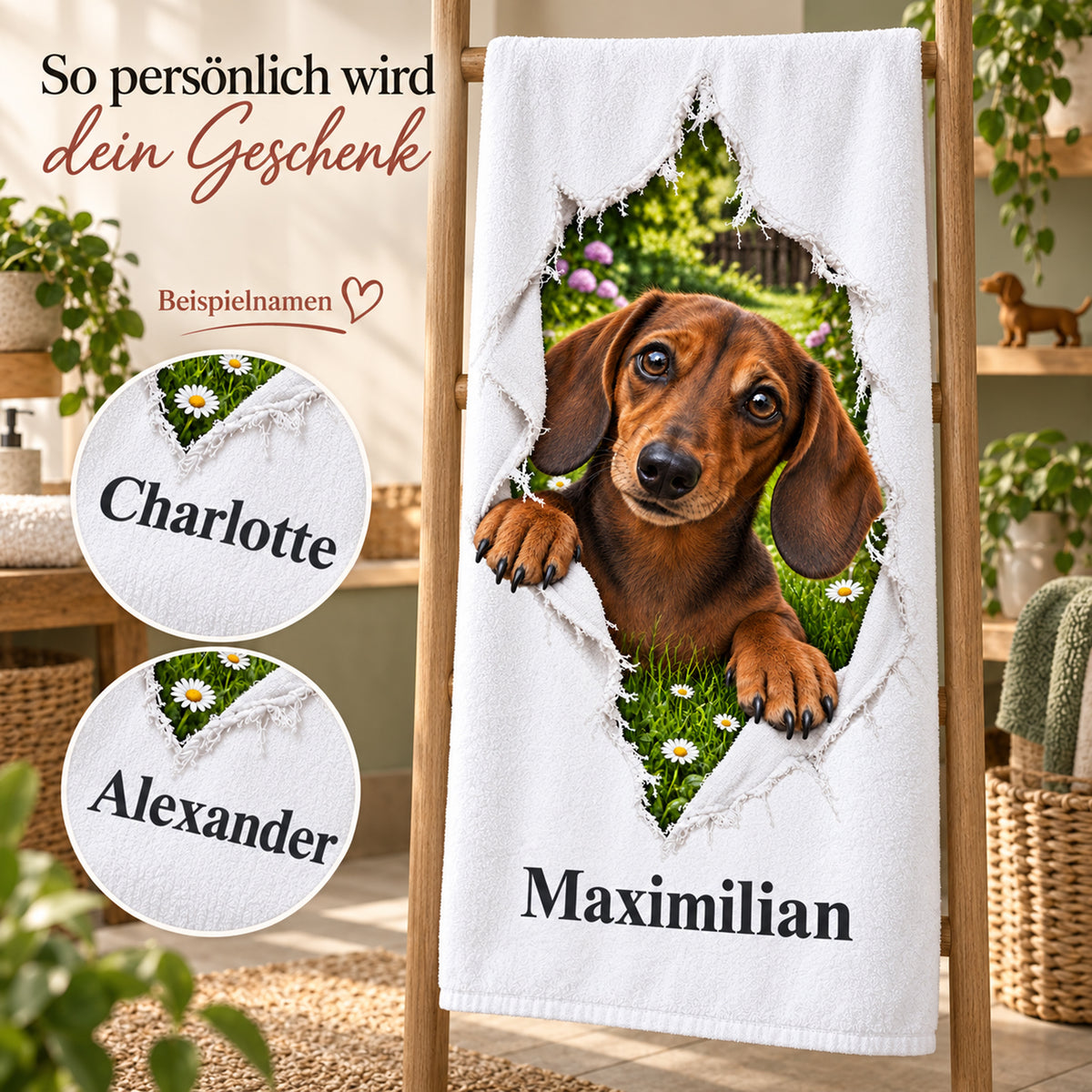 Handtuch mit Dackel und Wunschname, mit Details der Namenspersonalisierung