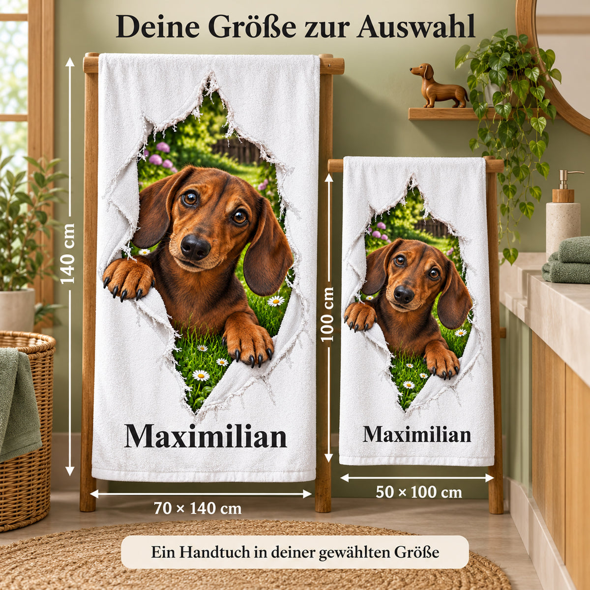 Handtuch mit Dackel und Wunschname, in den Größen 50 × 100 und 70 × 140 cm