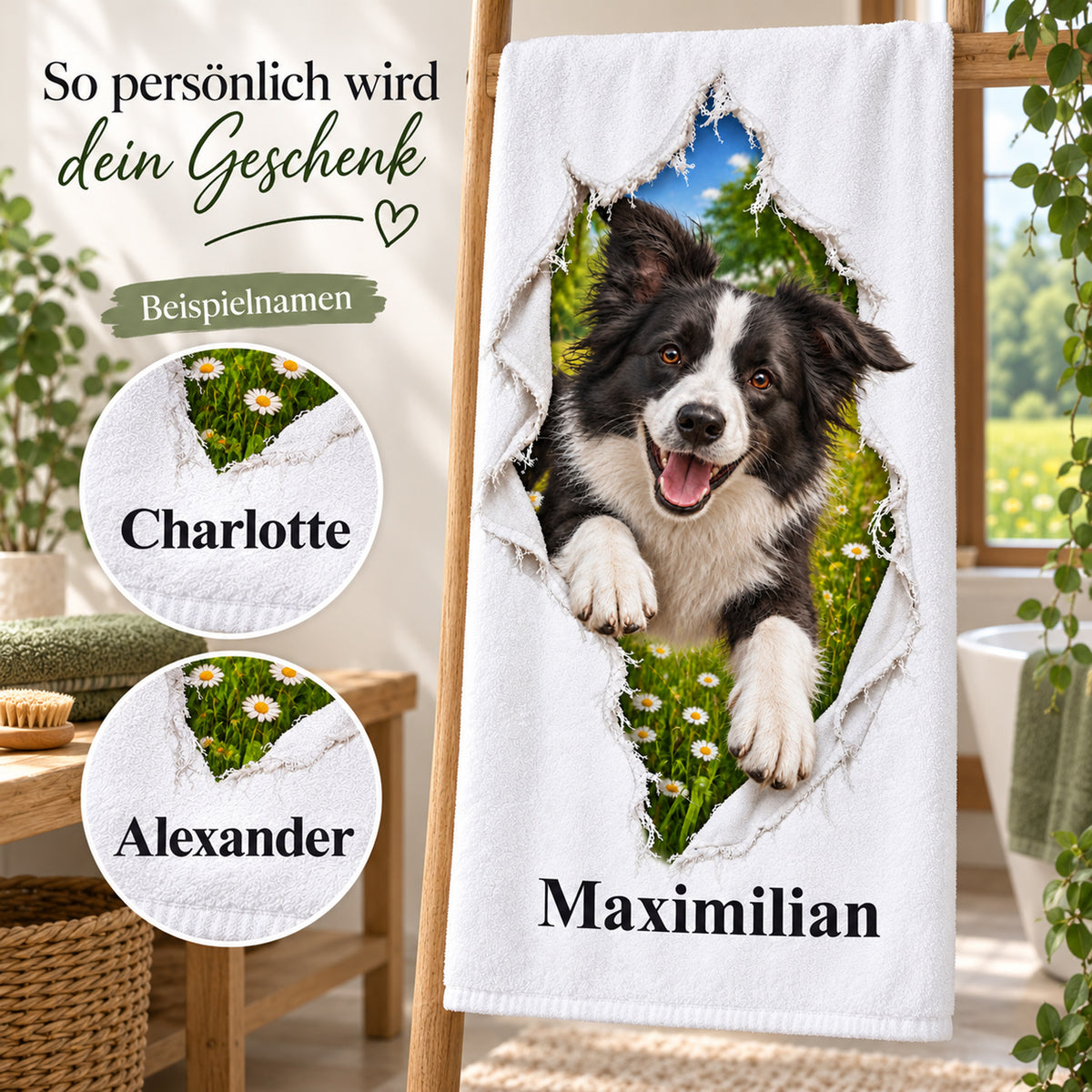 Handtuch mit Border Collie und Wunschname, mit Details der Namenspersonalisierung