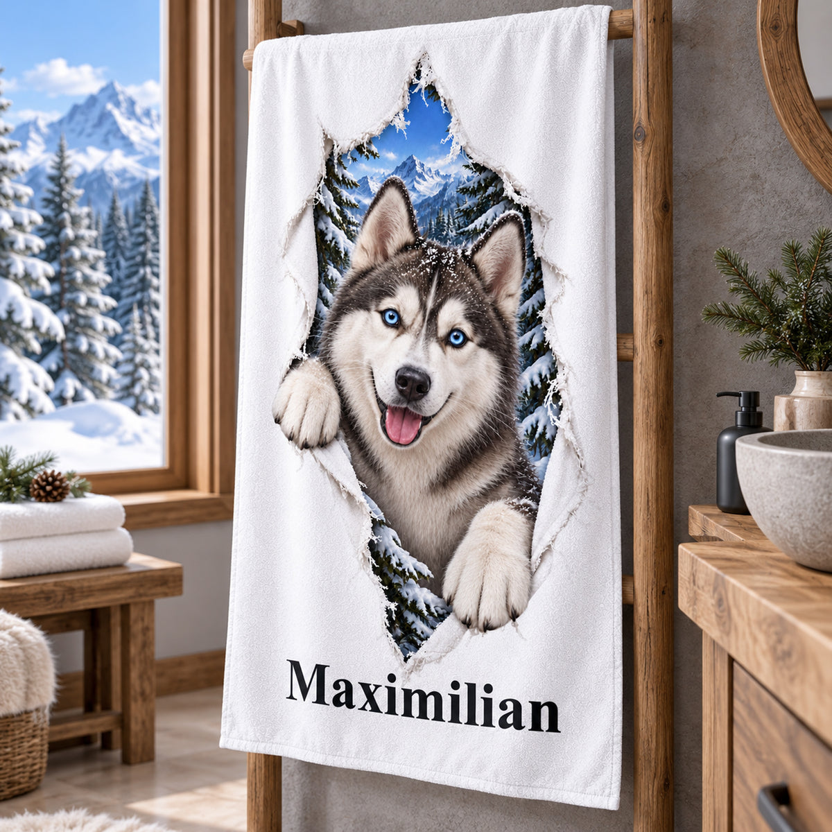 Handtuch mit Husky und Wunschname, schräg aufgehängt