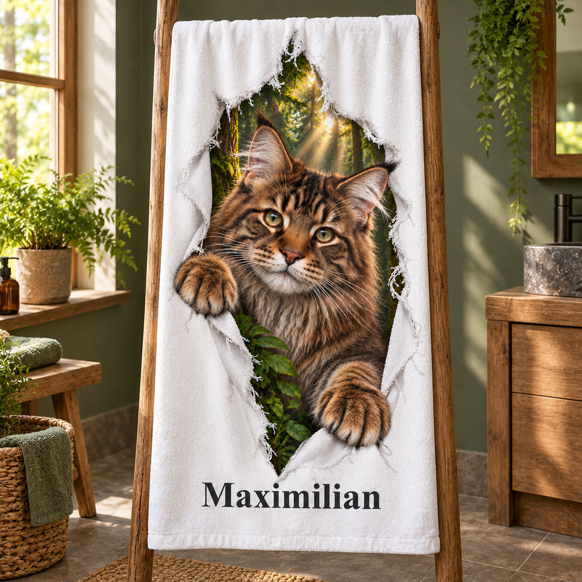 Handtuch mit Maine Coon und Wunschname, auf einer Handtuchleiter im Bad