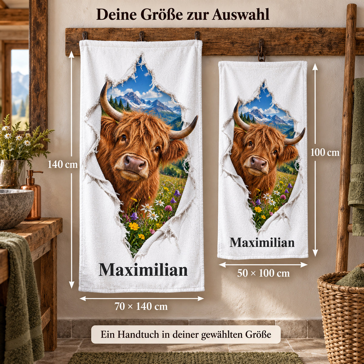 Handtuch mit Hochlandrind und Wunschname, in den Größen 50 × 100 und 70 × 140 cm