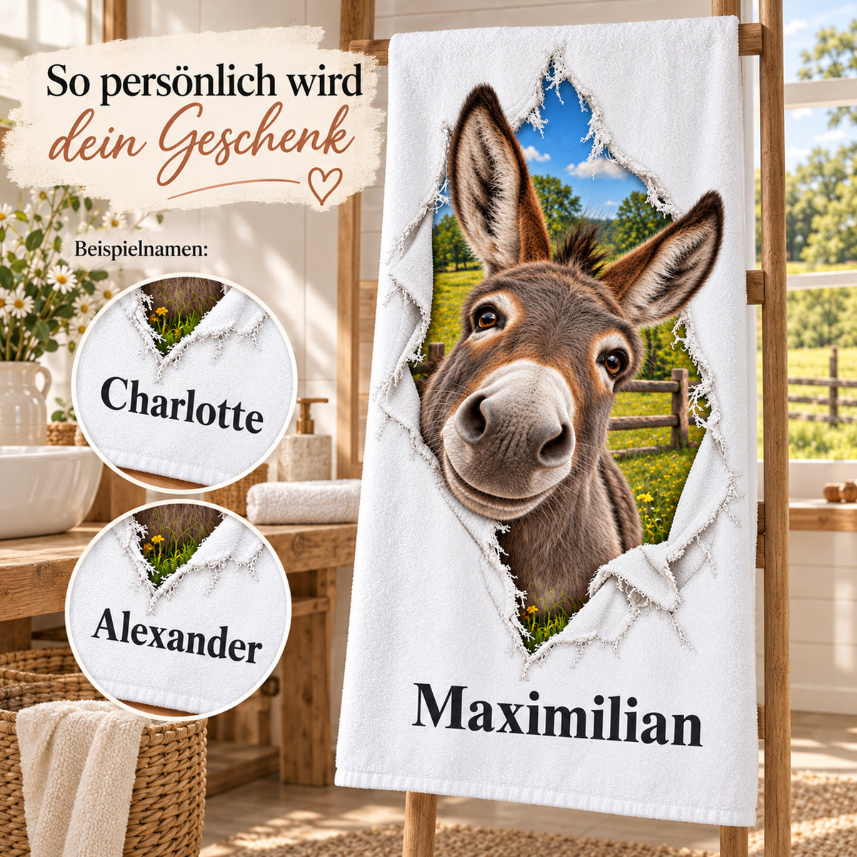 Handtuch mit Esel und Wunschname, mit Details der Namenspersonalisierung