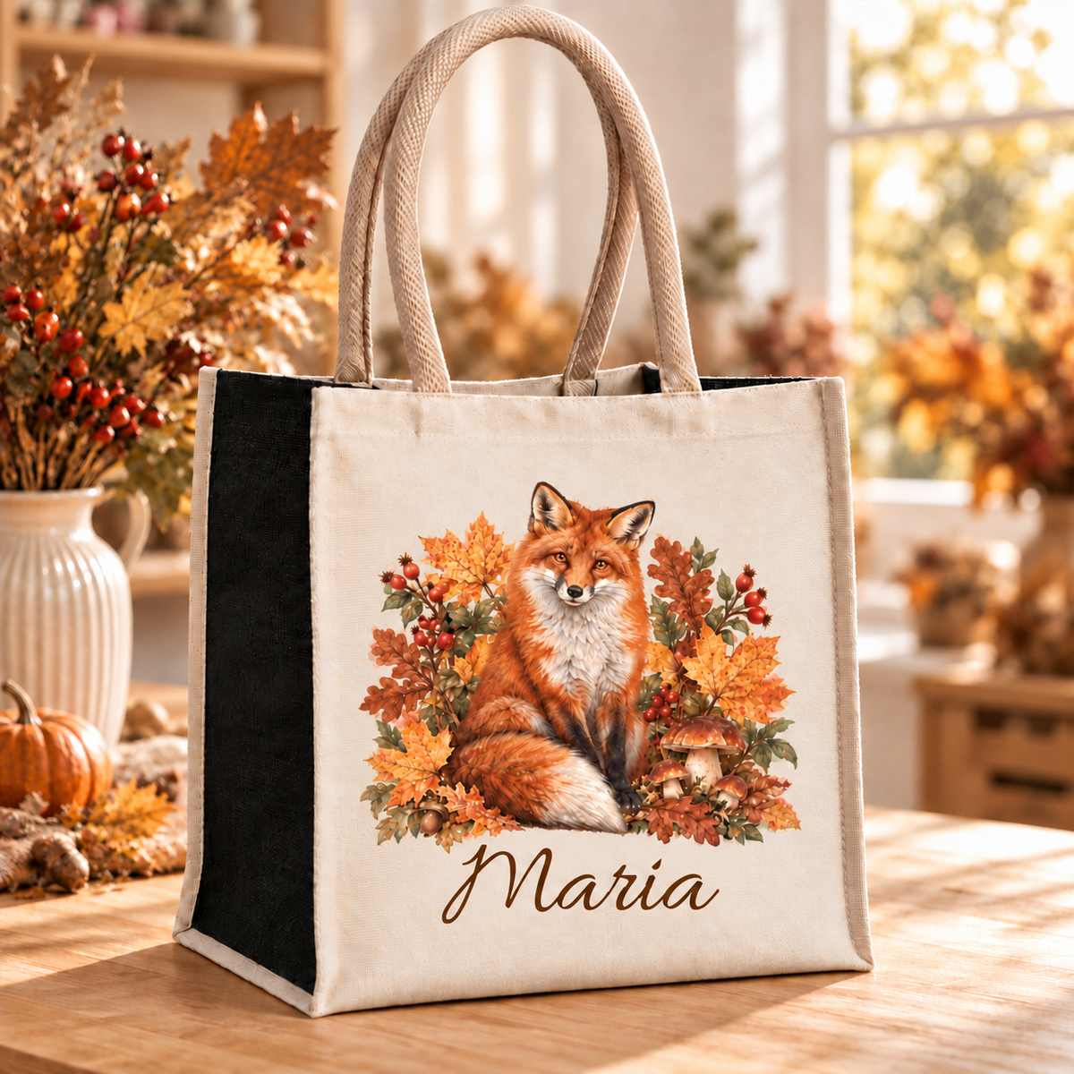 Einkaufstasche mit herbstlichem Fuchs-Motiv und Wunschname im herbstlichen Atelier.