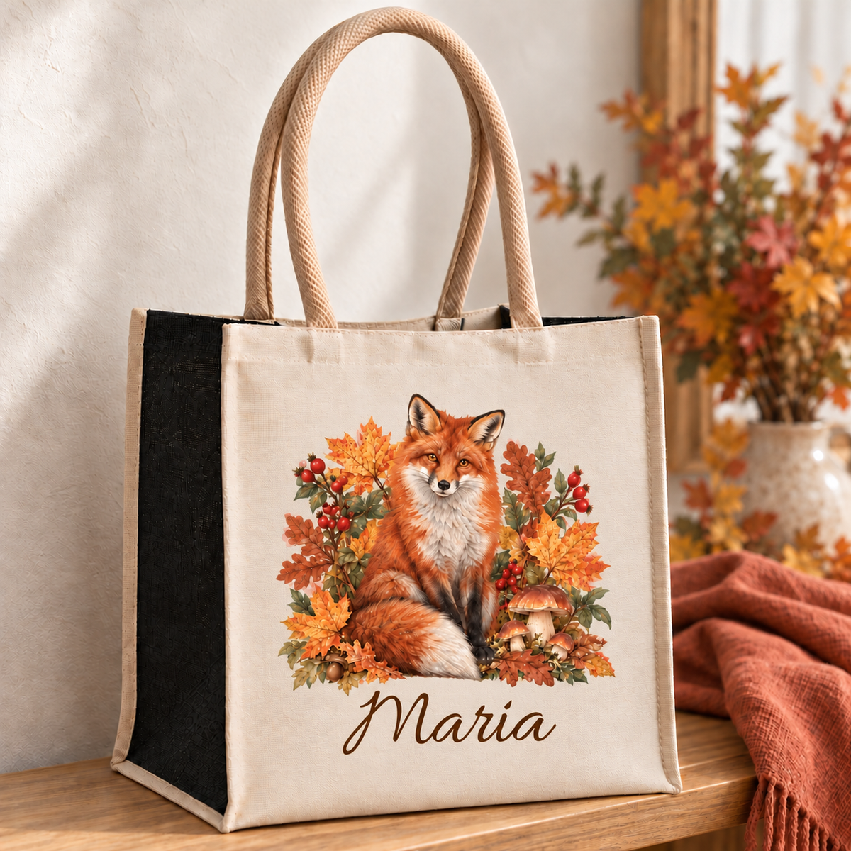 Einkaufstasche mit herbstlichem Fuchs-Motiv und Wunschname auf einer Holzbank.