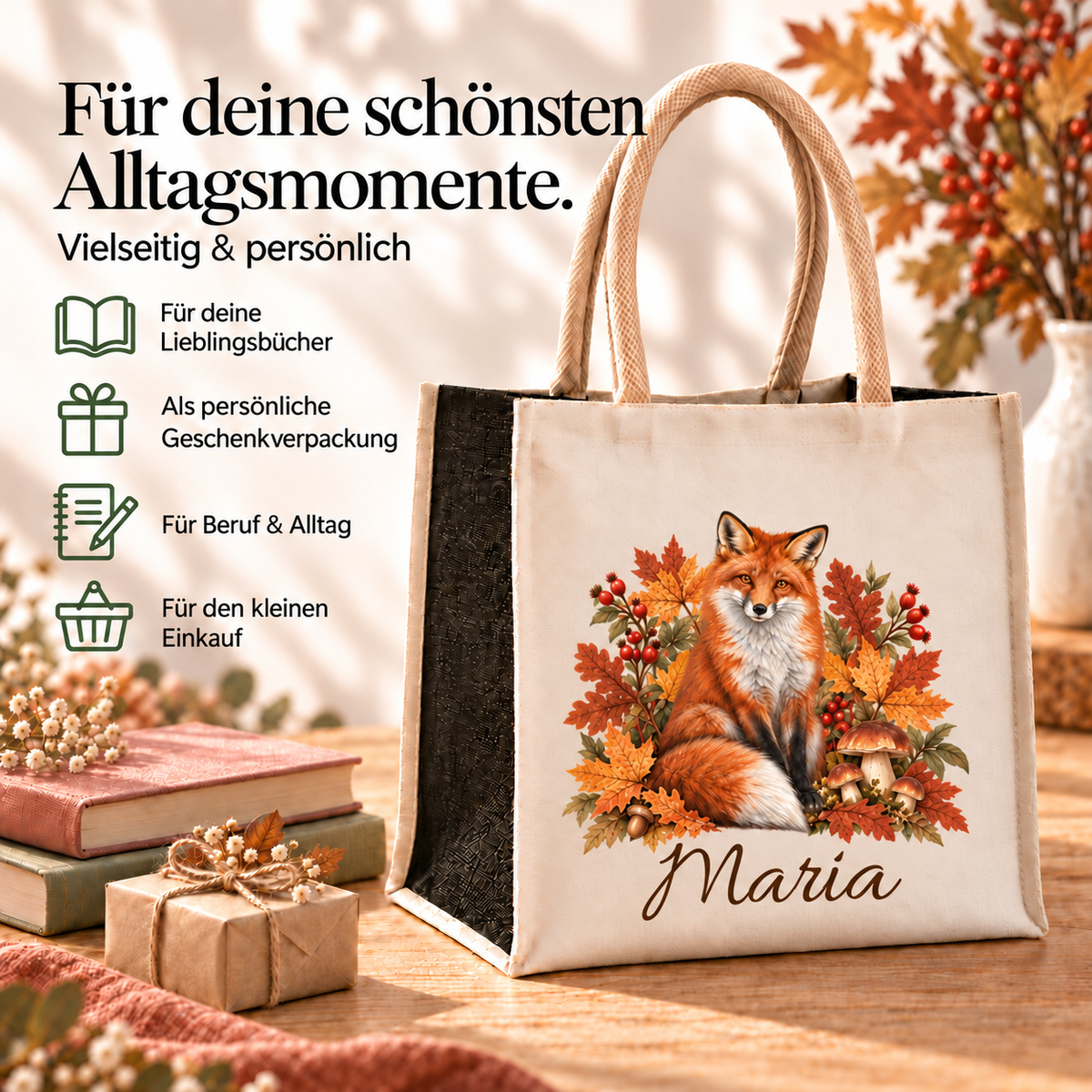 Einkaufstasche mit herbstlichem Fuchs-Motiv und Wunschname neben Büchern und Geschenk.