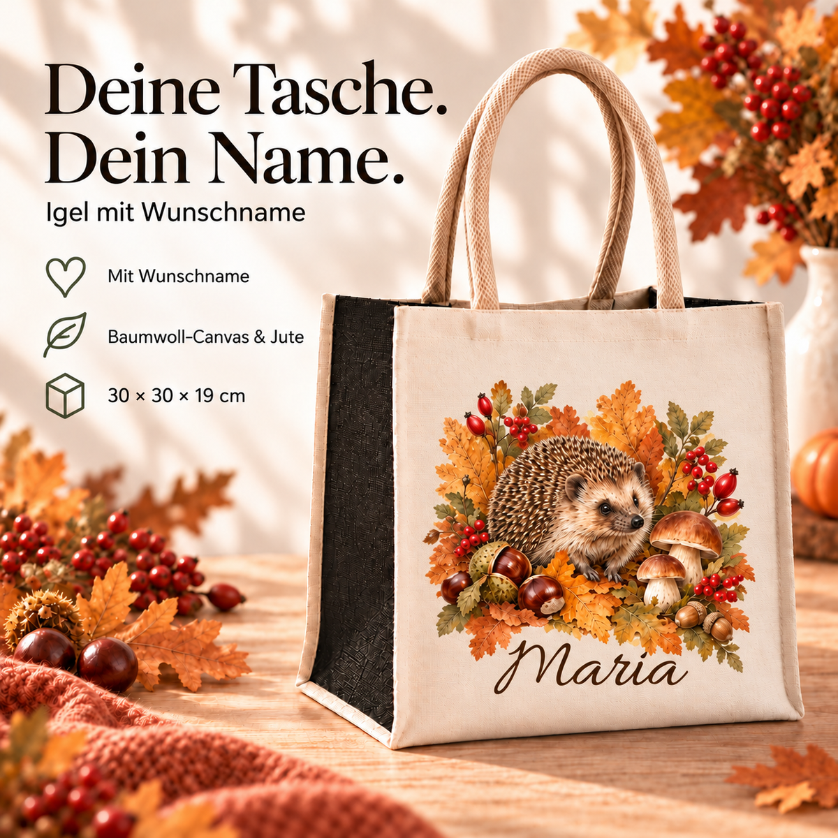 Einkaufstasche mit herbstlichem Igel-Motiv und Wunschname mit Angaben zu Material und Maßen.