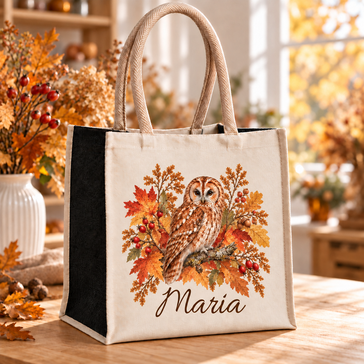 Einkaufstasche mit herbstlichem Eule-Motiv und Wunschname im herbstlichen Atelier.