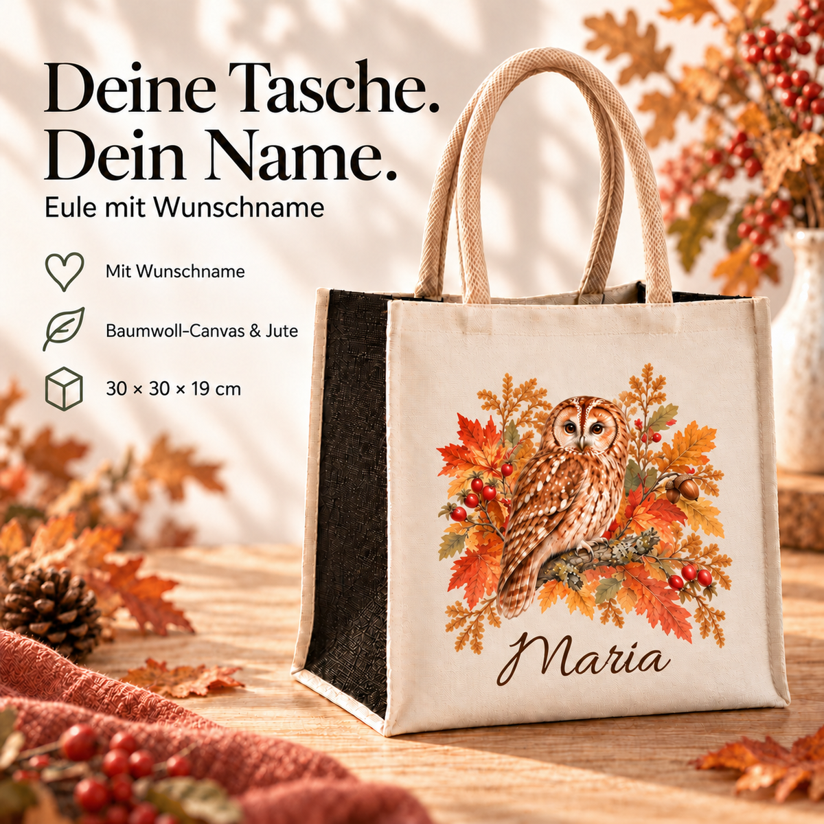 Einkaufstasche mit herbstlichem Eule-Motiv und Wunschname mit Angaben zu Material und Maßen.