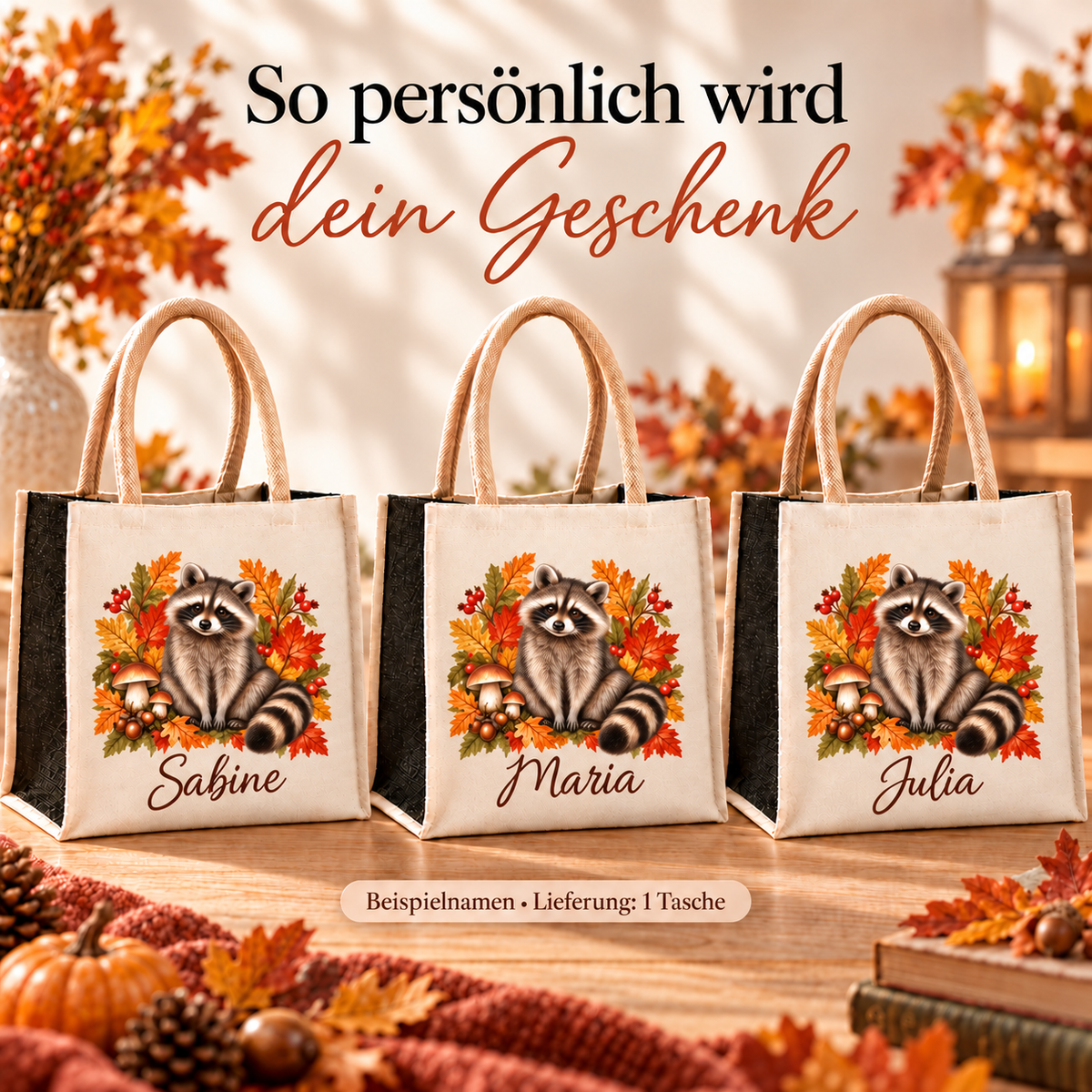 Drei Taschen mit herbstlichem Waschbär-Motiv und unterschiedlichen Wunschnamen.