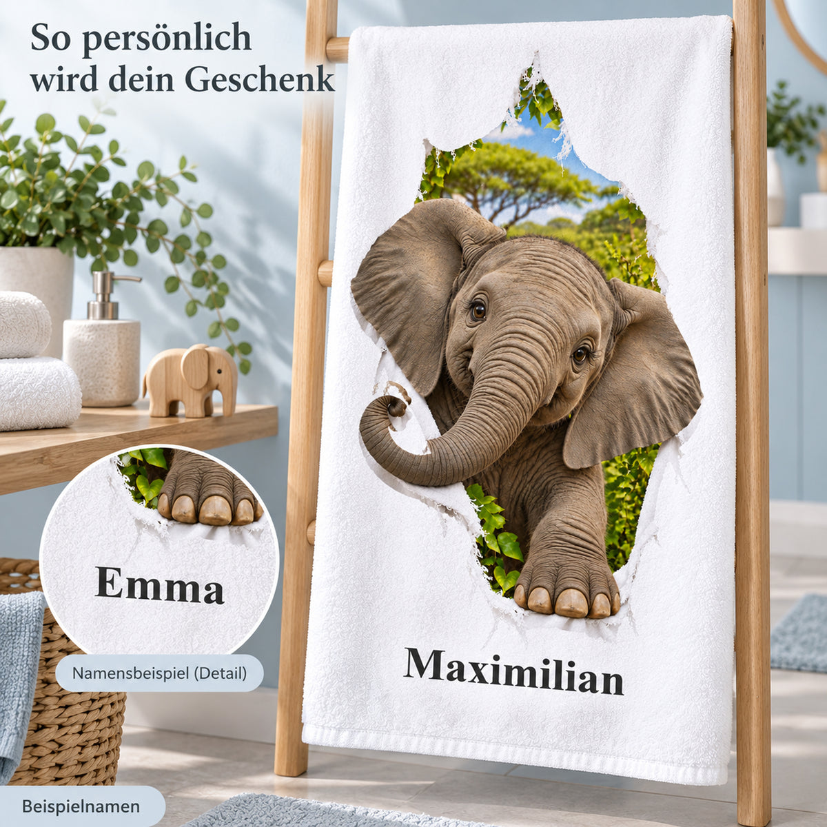 Elefant-Handtuch mit Namensaufdruck und Detailausschnitt eines weiteren Namensbeispiels