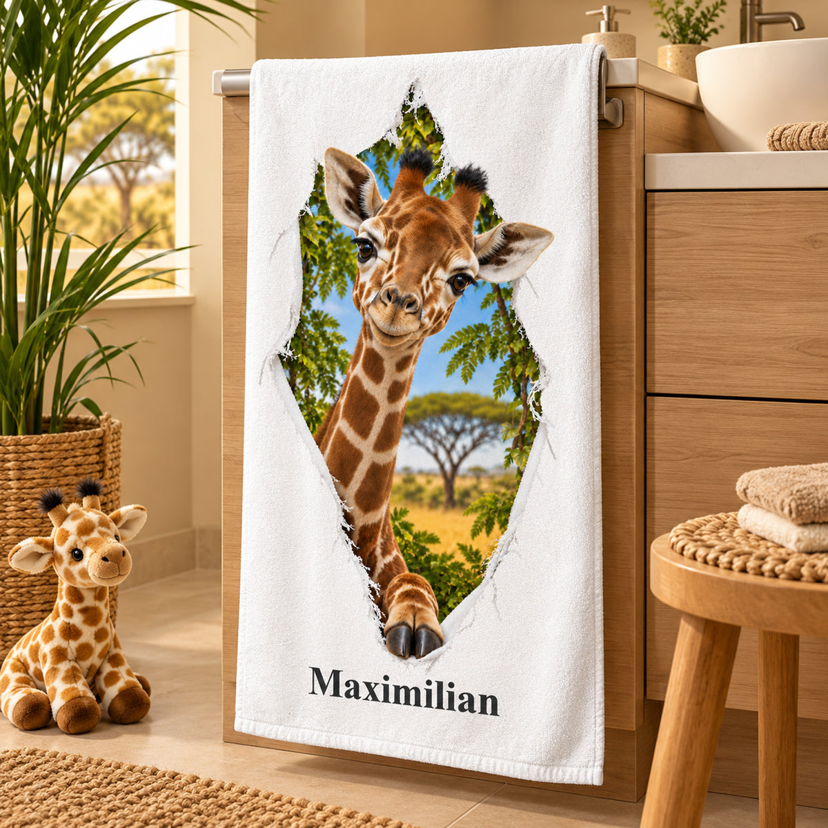 Personalisiertes Giraffe-Handtuch aus einer seitlichen Perspektive im Badezimmer
