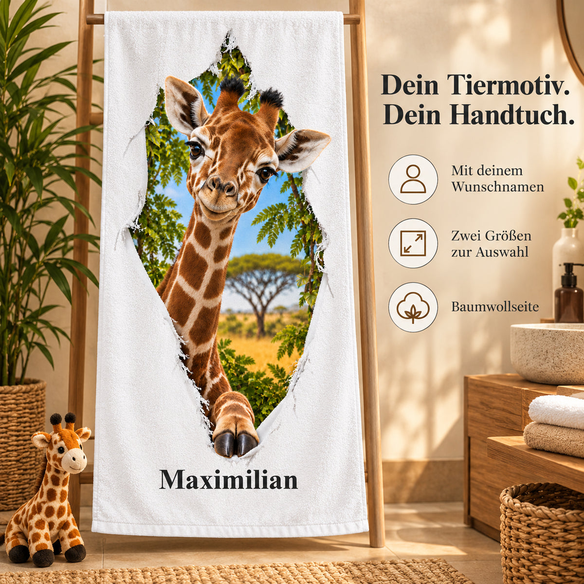 Handtuch mit Giraffe-Motiv, Namensaufdruck und Hinweisen zu Produkt und Größen