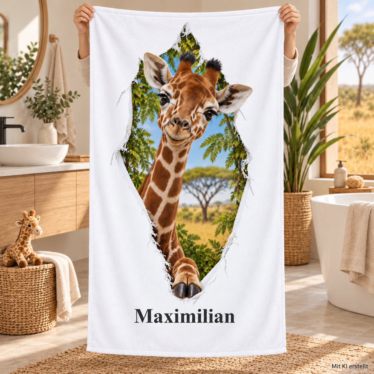 Hände halten ein Handtuch mit Giraffe-Motiv und Namensaufdruck im Badezimmer