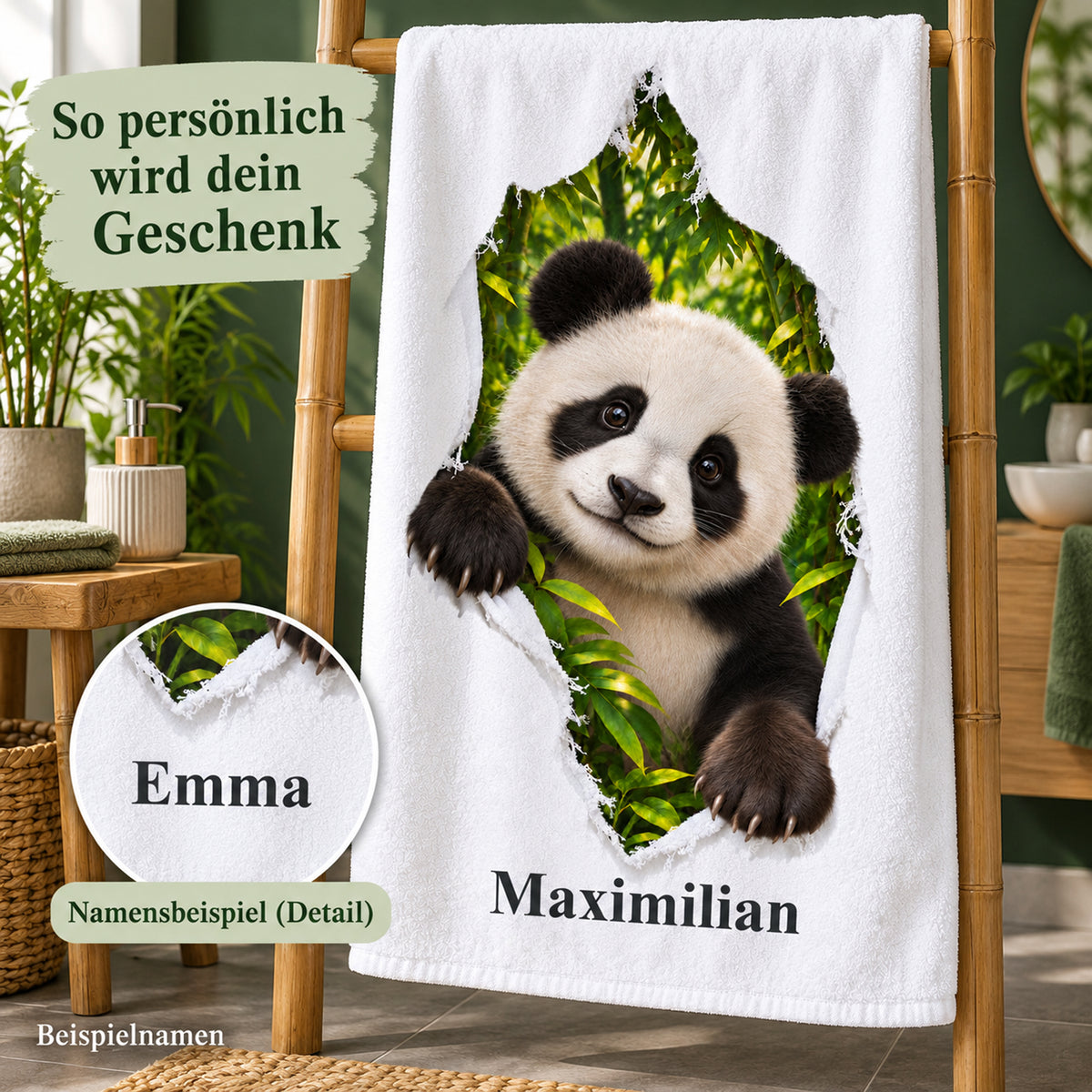 Panda-Handtuch mit Namensaufdruck und Detailausschnitt eines weiteren Namensbeispiels