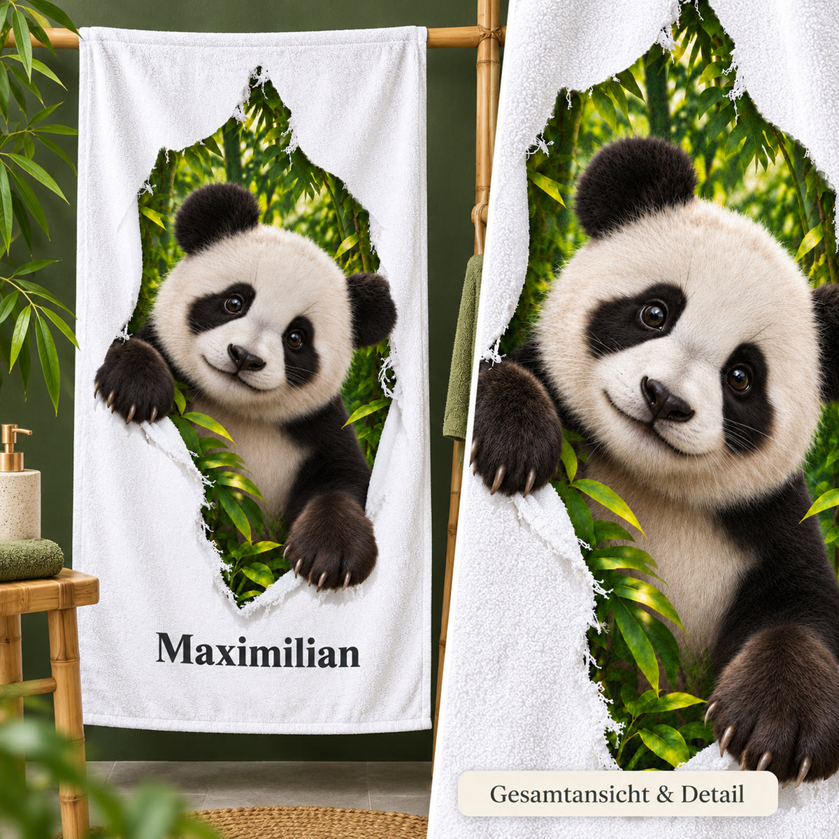 Gesamtansicht des personalisierten Panda-Handtuchs mit Nahaufnahme des gedruckten Tiermotivs