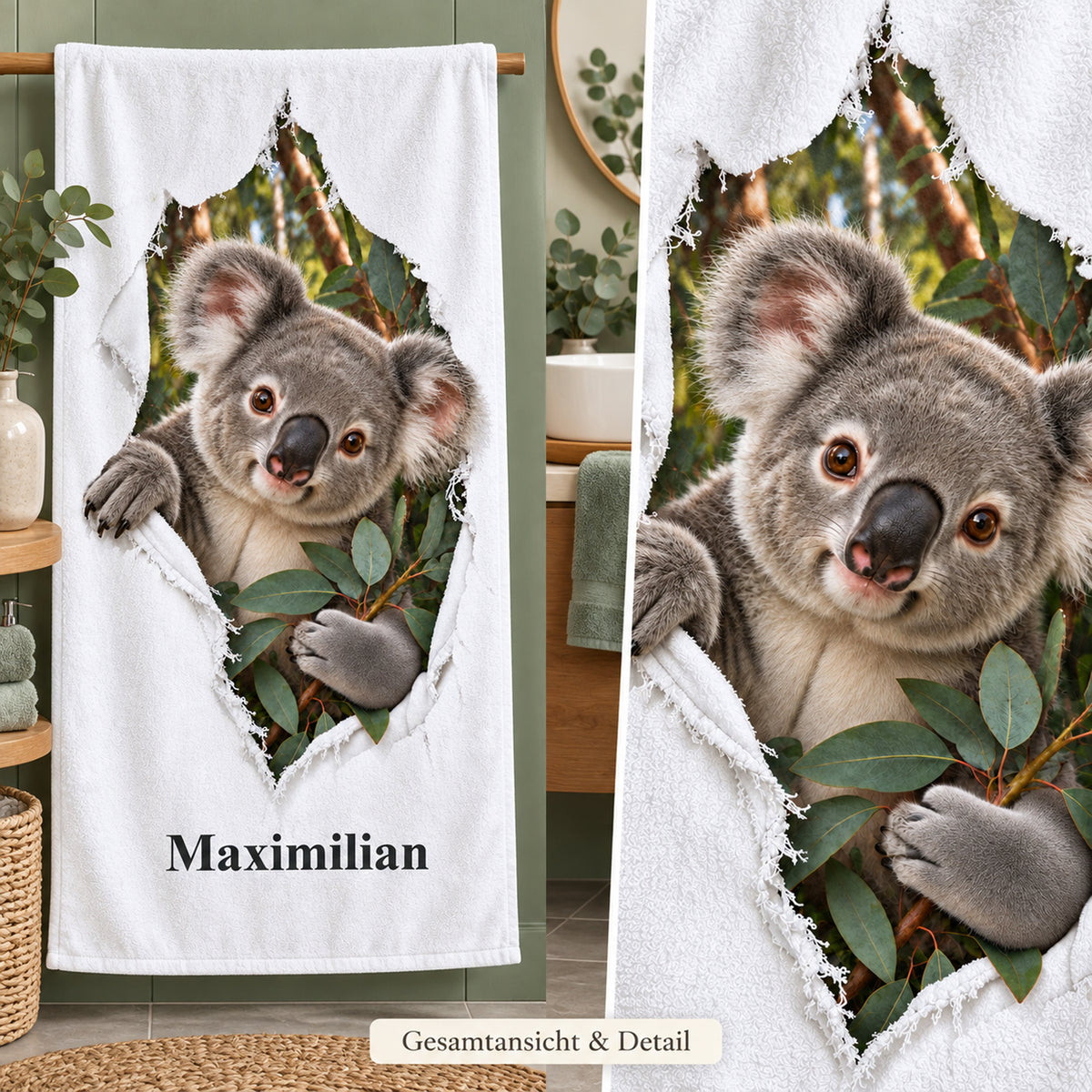 Gesamtansicht des personalisierten Koala-Handtuchs mit Nahaufnahme des gedruckten Tiermotivs