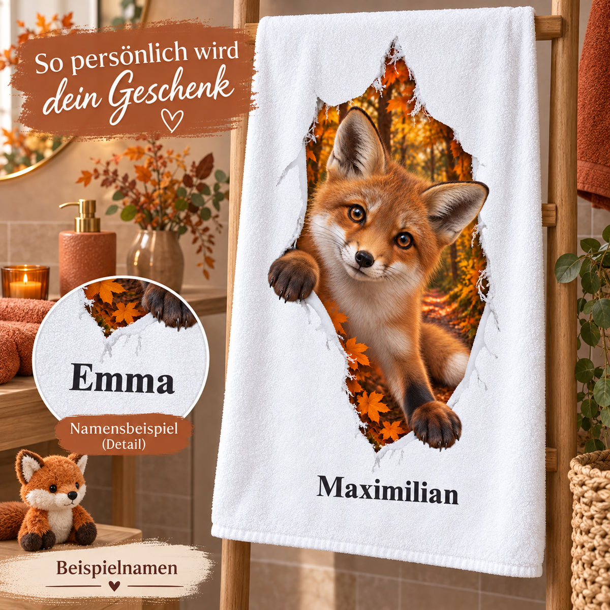Fuchs-Handtuch mit Namensaufdruck und Detailausschnitt eines weiteren Namensbeispiels