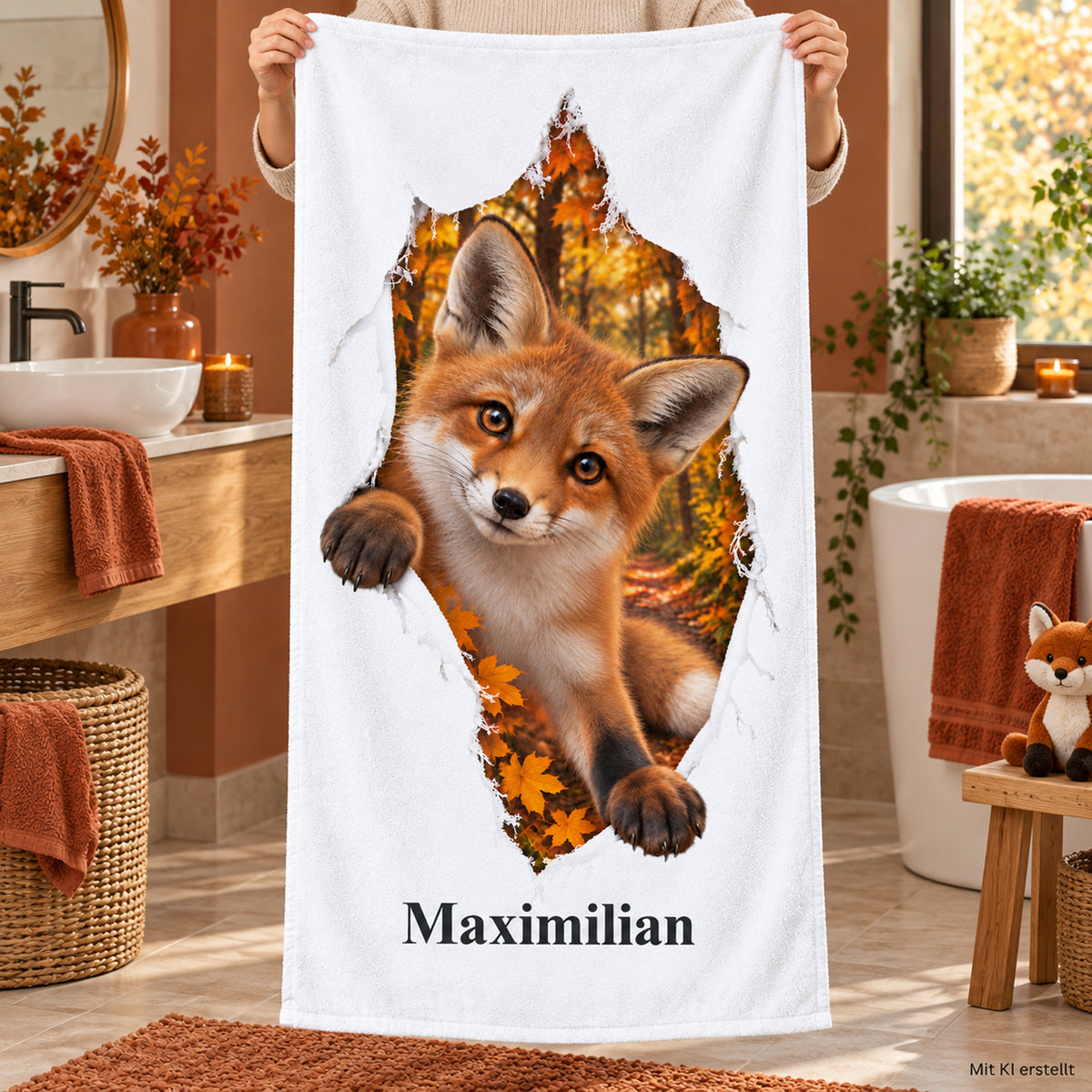 Hände halten ein Handtuch mit Fuchs-Motiv und Namensaufdruck im Badezimmer