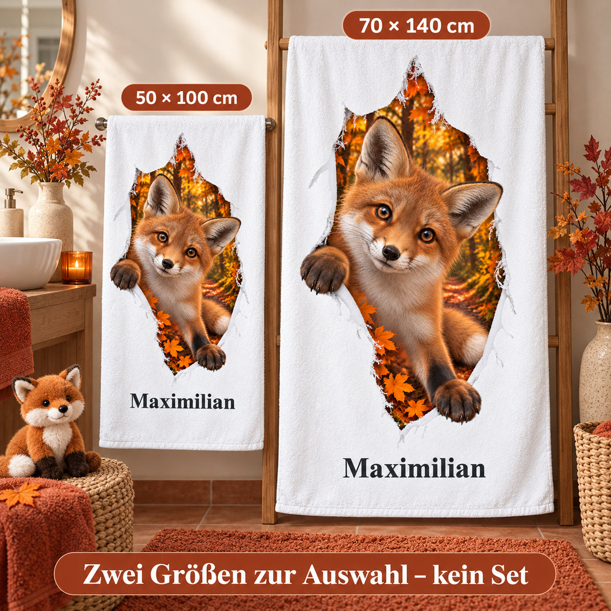 Fuchs-Handtuch mit Namen in den beiden wählbaren Größen 50 mal 100 und 70 mal 140 Zentimeter