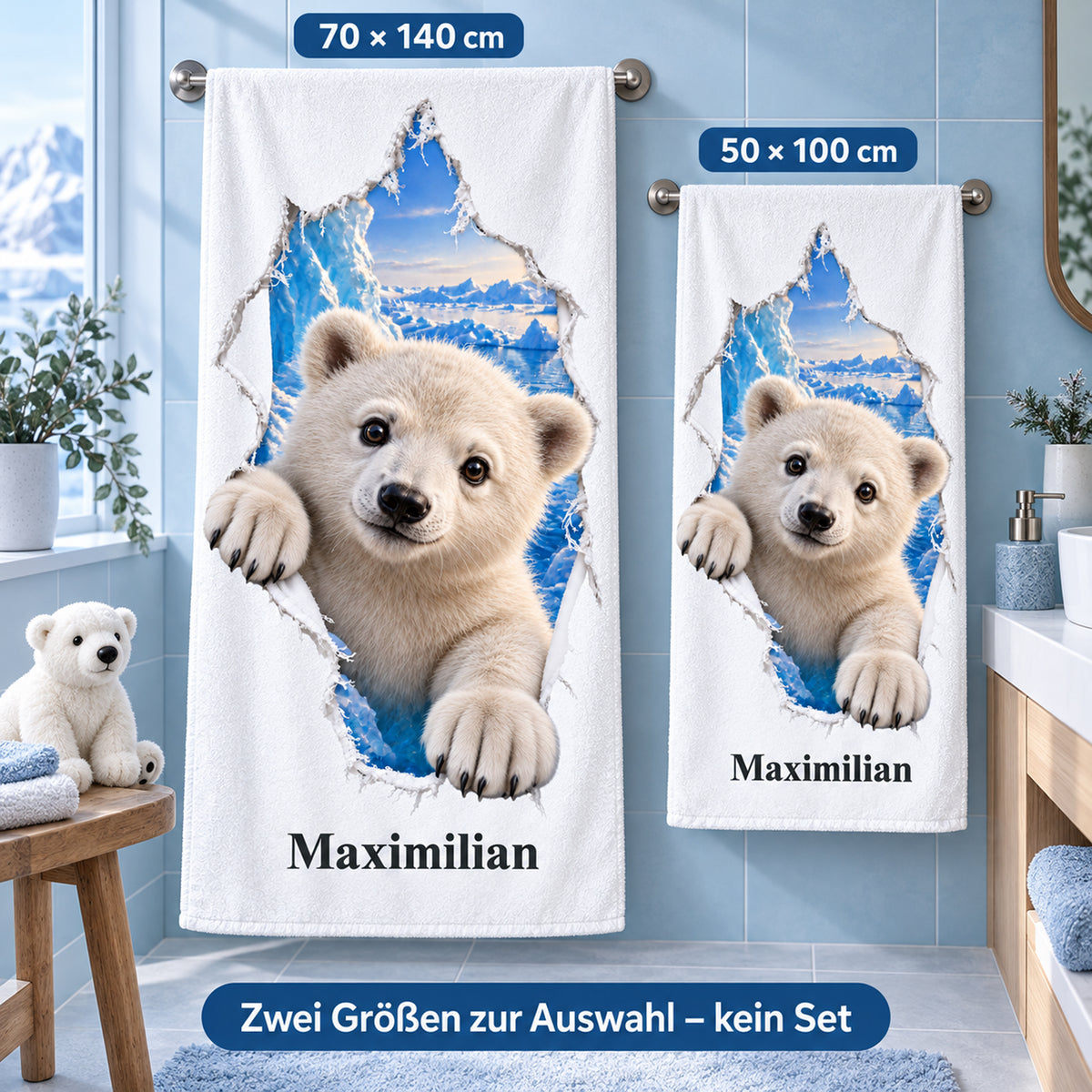 Eisbär-Handtuch mit Namen in den beiden wählbaren Größen 50 mal 100 und 70 mal 140 Zentimeter