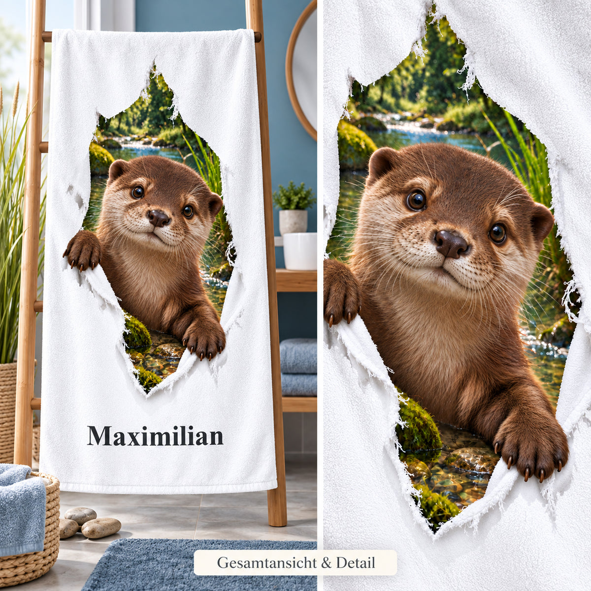 Gesamtansicht des personalisierten Otter-Handtuchs mit Nahaufnahme des gedruckten Tiermotivs