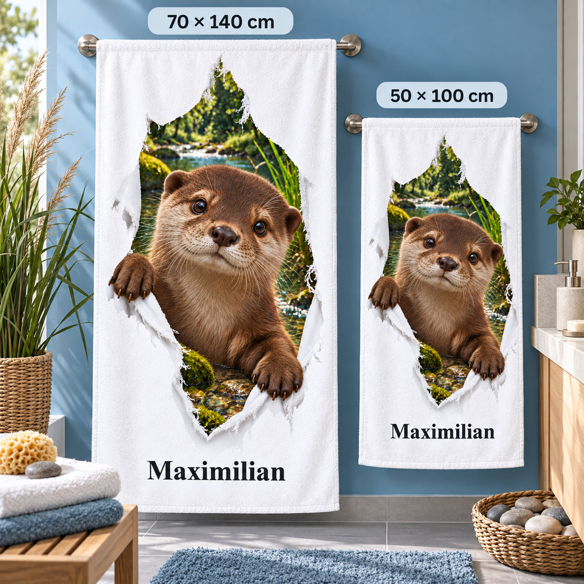 Otter-Handtuch mit Namen in den beiden wählbaren Größen 50 mal 100 und 70 mal 140 Zentimeter