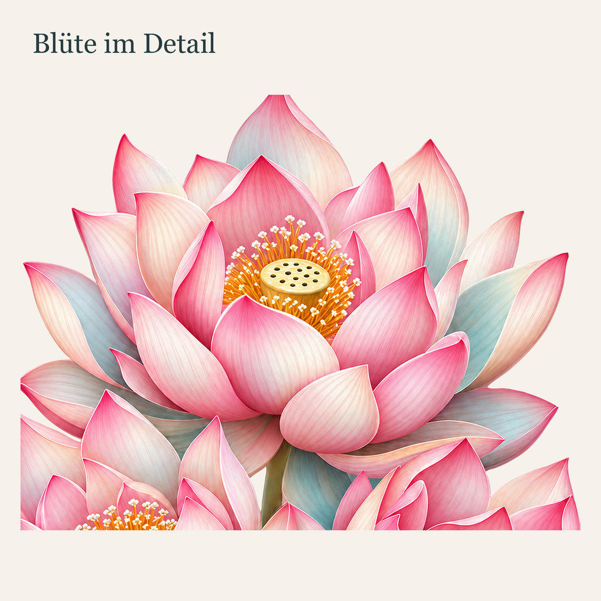 Wandtattoo Lotus-Trio mit drei rosa-cremefarbenen Lotusblüten mit Nahaufnahme der Blütenmitte.
