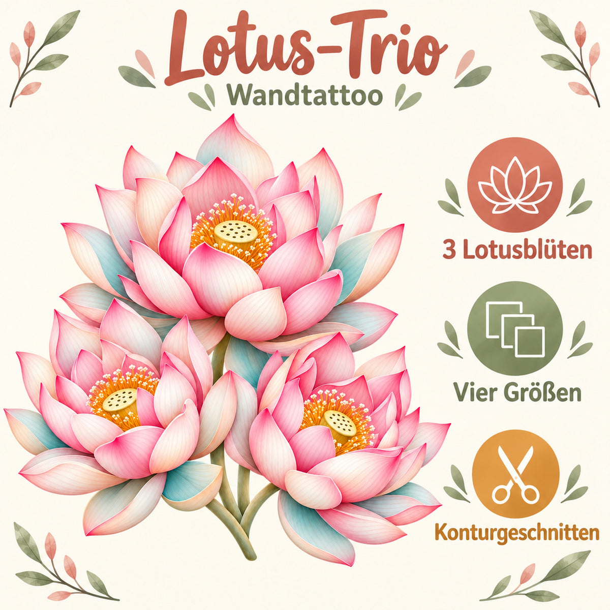 Lotus-Trio Wandtattoo – Eigenschaften im warmen Referenzstil
