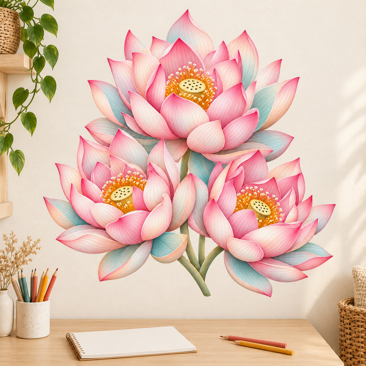 Lotus-Trio Wandtattoo – Kreativer Arbeitsplatz im warmen Referenzstil