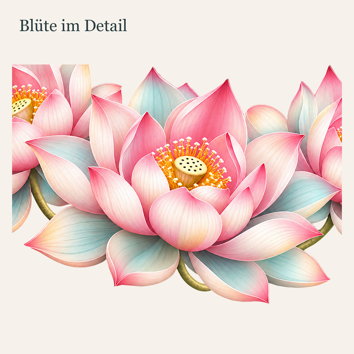 Wandtattoo Sanfter Blütenbogen mit drei rosa-cremefarbenen Lotusblüten mit Nahaufnahme der Blütenmitte.