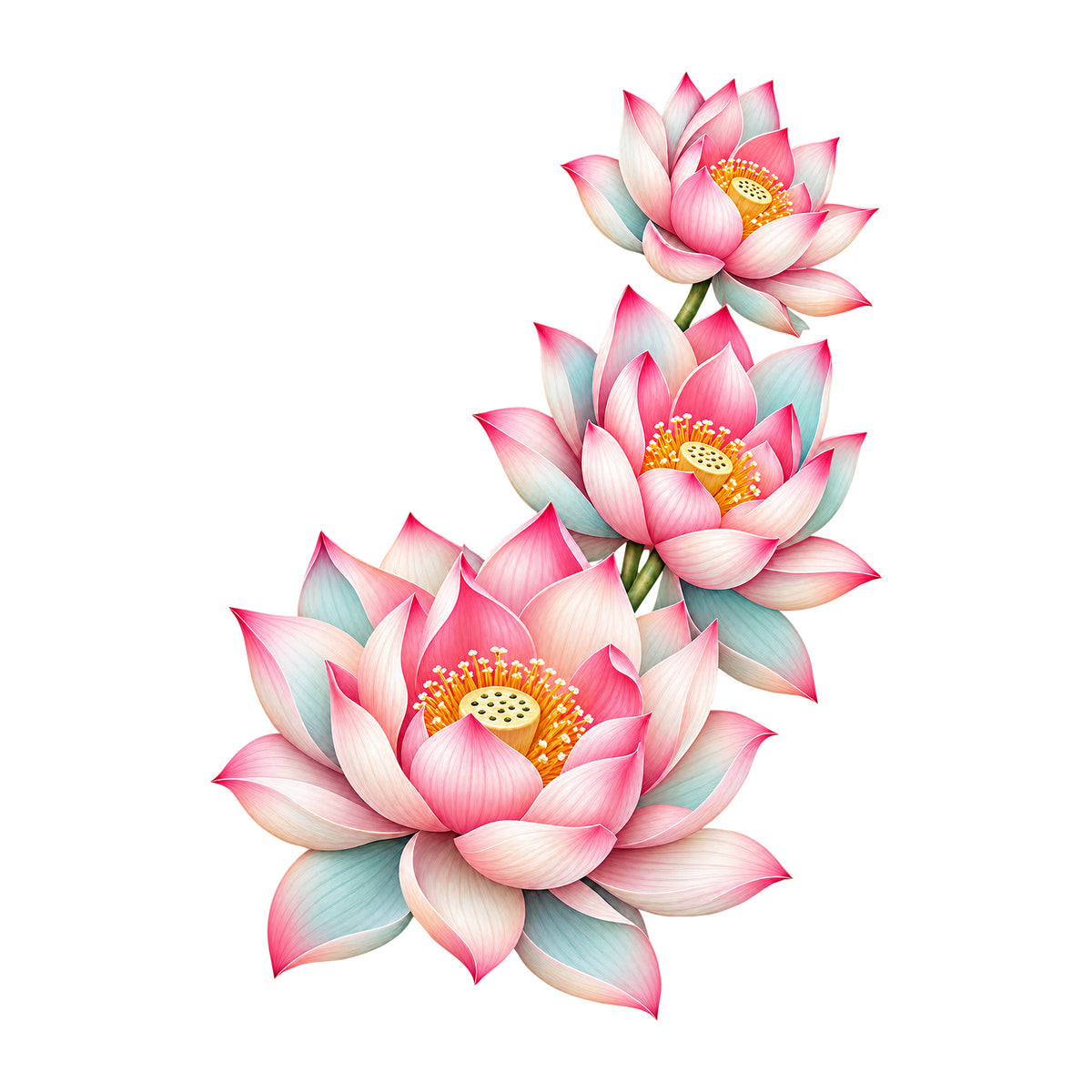 Wandtattoo Lotus-Kaskade mit drei rosa-cremefarbenen Lotusblüten auf hellem Hintergrund.