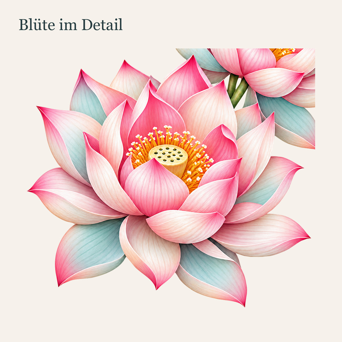 Wandtattoo Lotus-Kaskade mit drei rosa-cremefarbenen Lotusblüten mit Nahaufnahme der Blütenmitte.