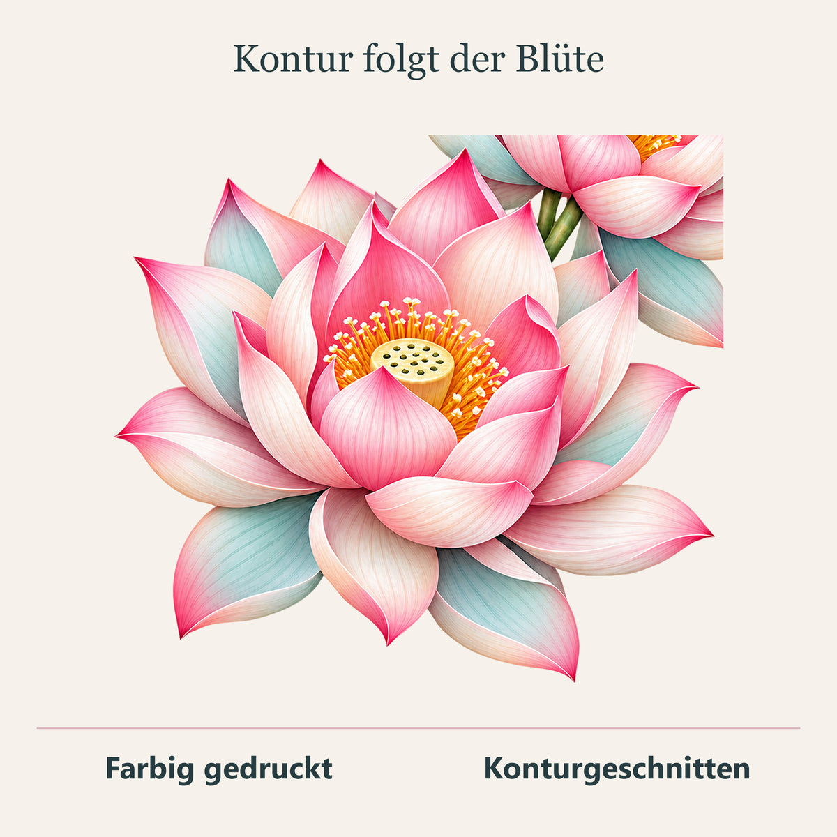 Wandtattoo Lotus-Kaskade mit drei rosa-cremefarbenen Lotusblüten mit Detail der geschnittenen Motivkontur.